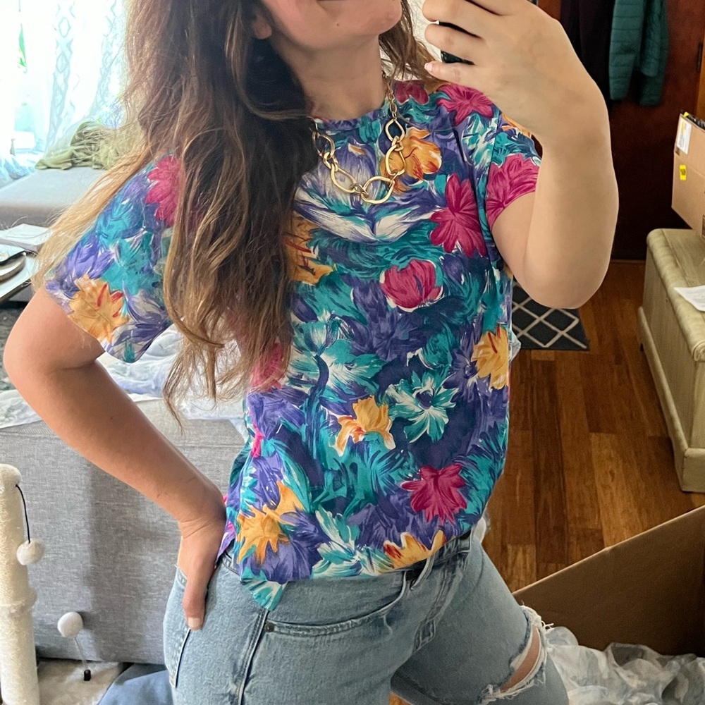 Vintage 90s Bright Colorful Floral Shortsleeve Blouse 🌿